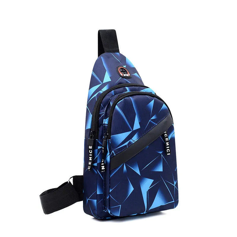 Men's print sling chest bag with earphone hole, Oxford cloth construction, showing front view with zipper opening
