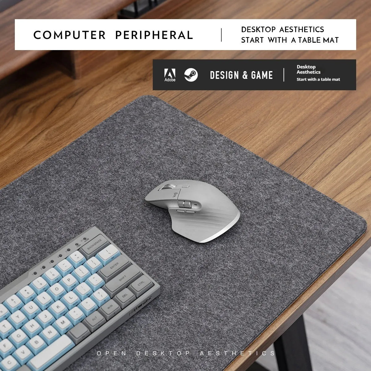 Oversized grey felt cork desk mat with minimalist design on a wooden desk