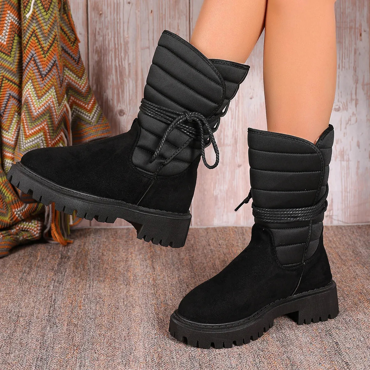Women's chunky heel mid-tube snow boots with lace-up design in black, grey, and brown colours