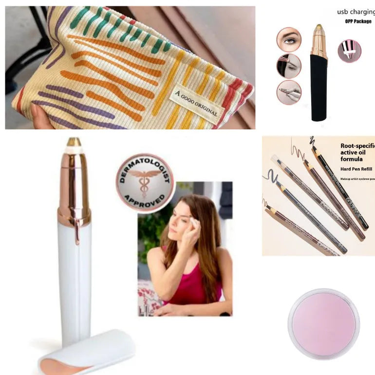 Eyebrow epilator pen with gold plated head and LED light on pink background