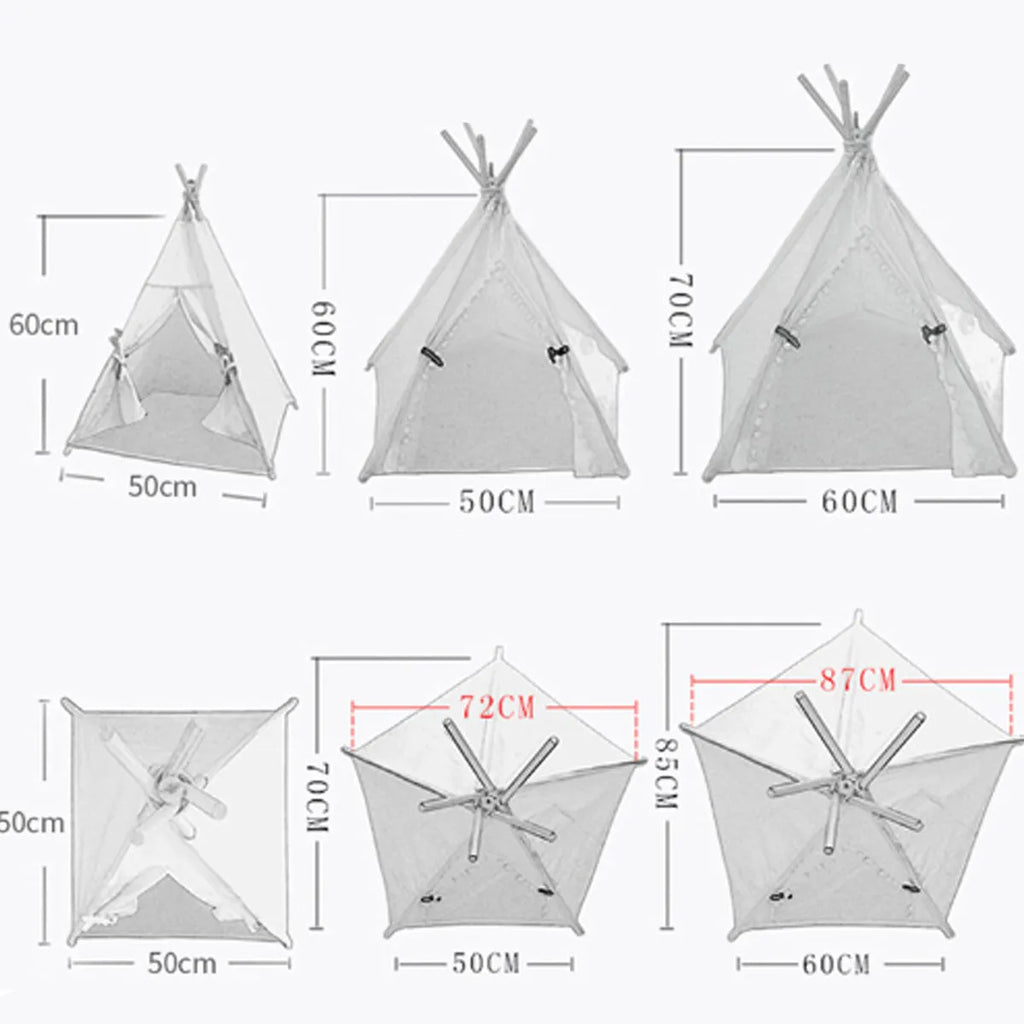 Striped flax and linen pet teepee tent with cushion for small dogs, cats, or rabbits
