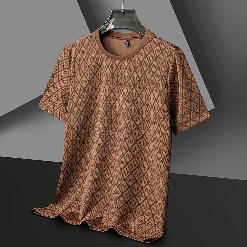 Men's black ice silk jacquard T-shirt with round neck and half sleeves on hanger