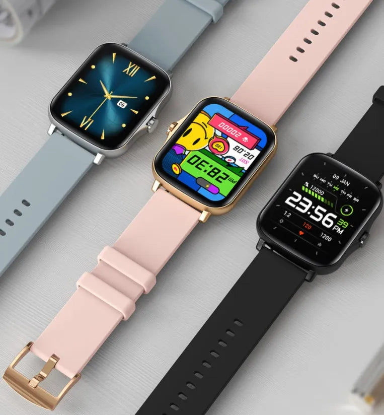 Smart watch with 1.7-inch colour touch screen showing fitness metrics on black strap