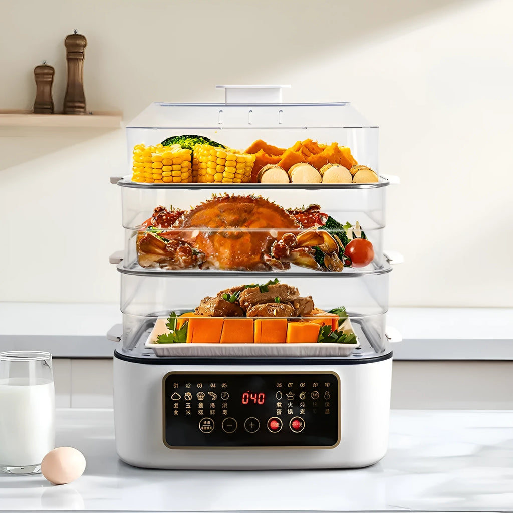 Stainless steel household electric steamer appliance with digital display and steaming rack.