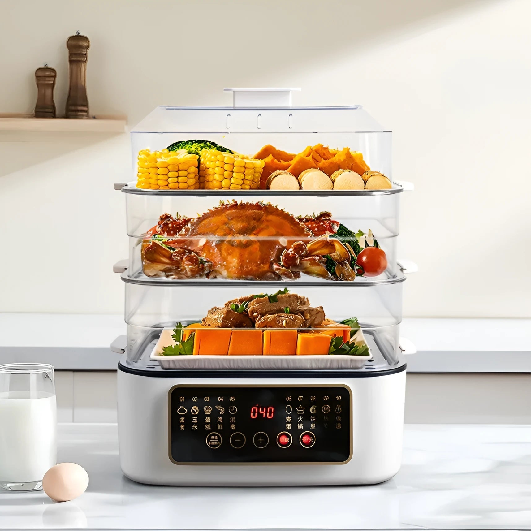 Stainless steel household electric steamer appliance with digital display and steaming rack.