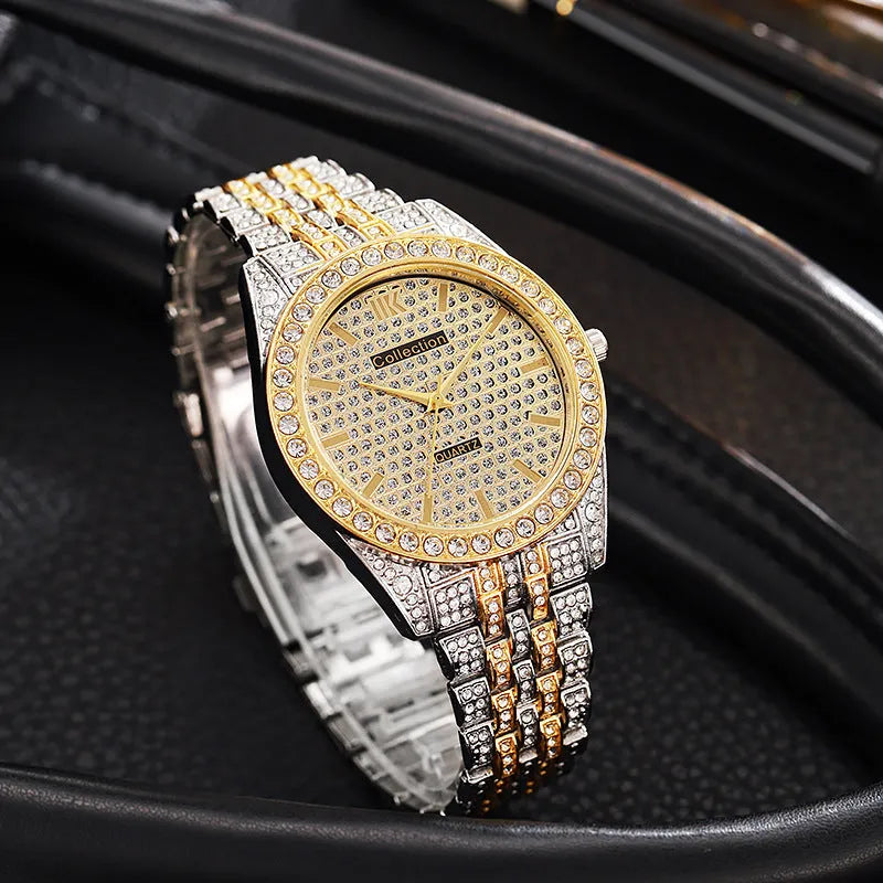 Fashion starry quartz watch with 40mm dial, spiral crown, and stainless steel buckle in black gold finish