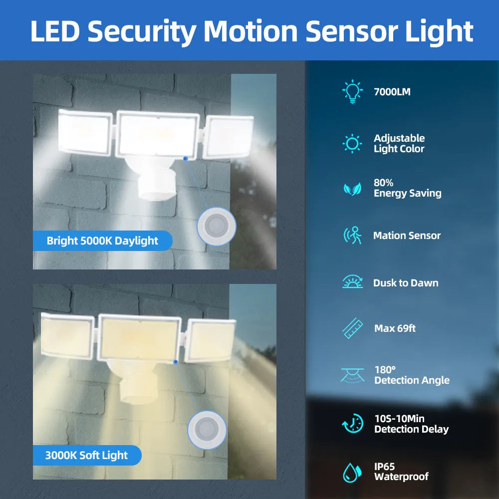 White and black LED security flood light with motion sensor for outdoor wall mounting