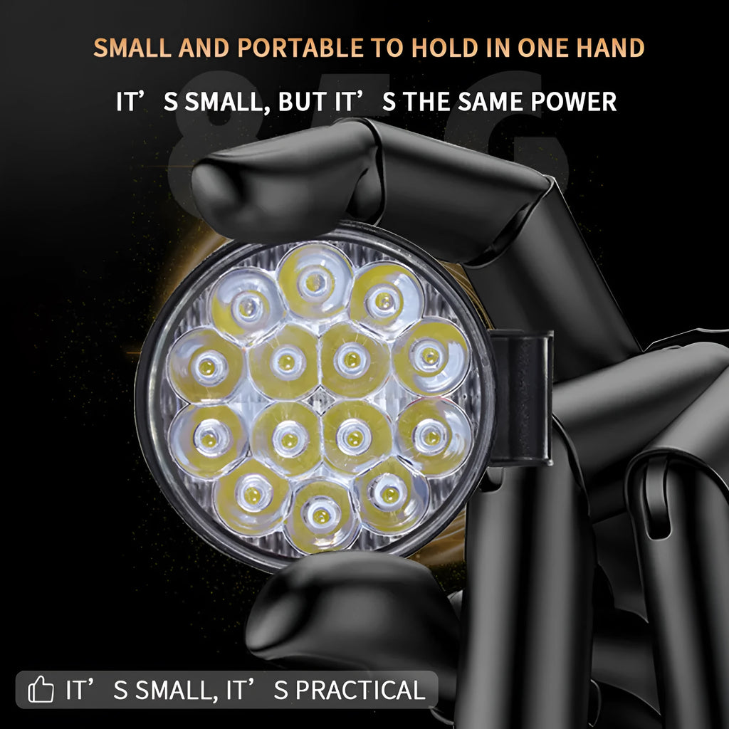 White LED mini round auxiliary work light with aluminium housing for vehicle mounting.
