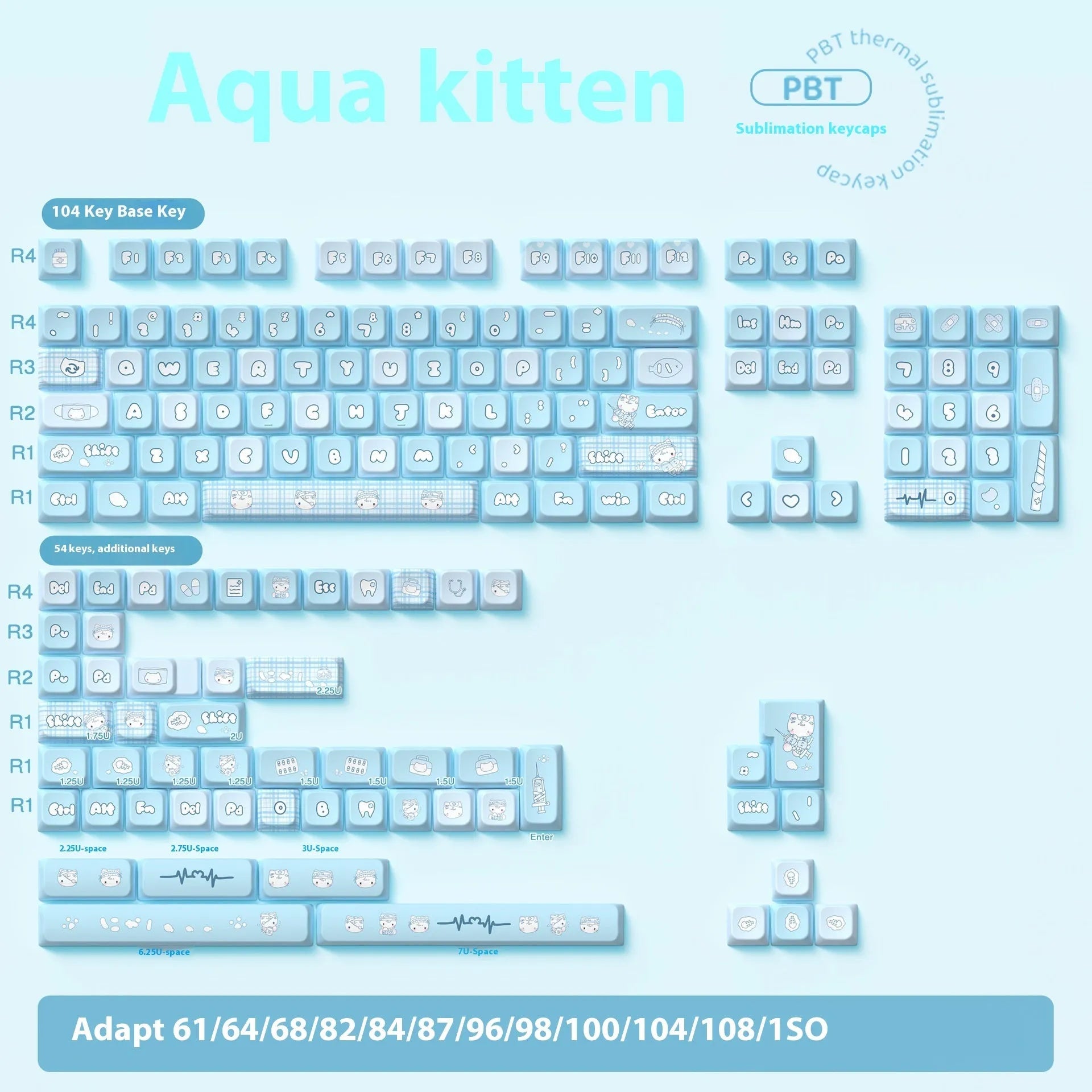 Custom watercolour kitten design mechanical keyboard keycap set on a white background