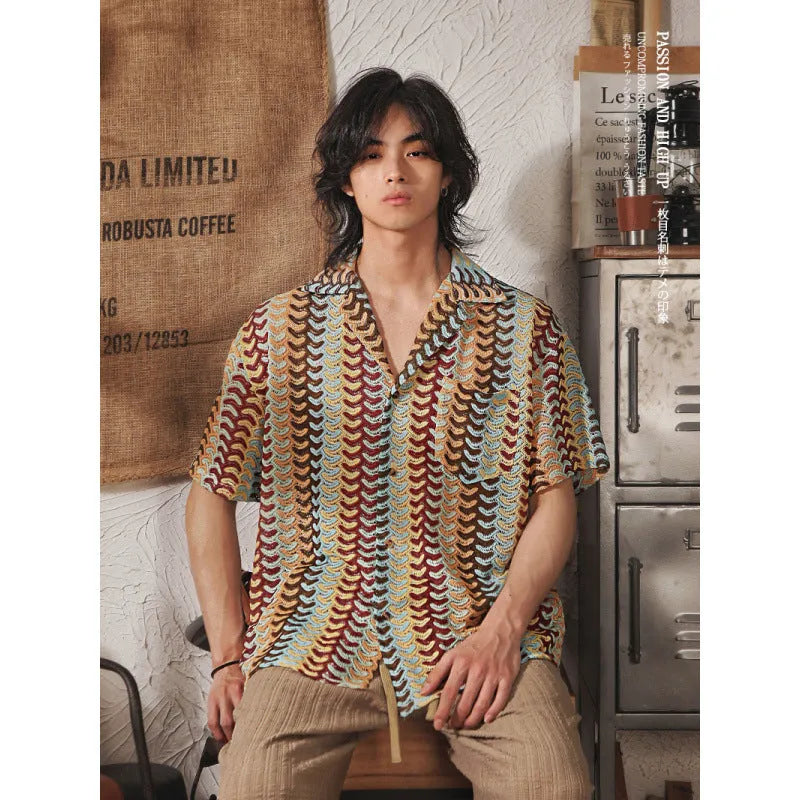 Japanese style Cuban collar short sleeve shirt with hollow jacquard pattern in grey or red