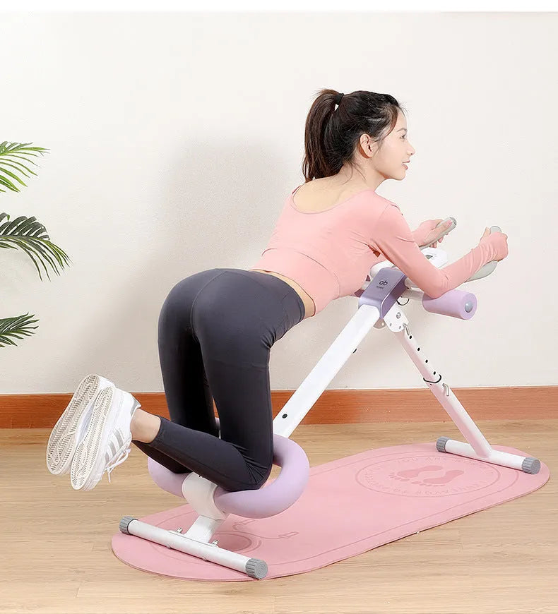 AB Rocket waist-shaping machine with steel frame, foam padding, and blue count drawstring for home core fitness