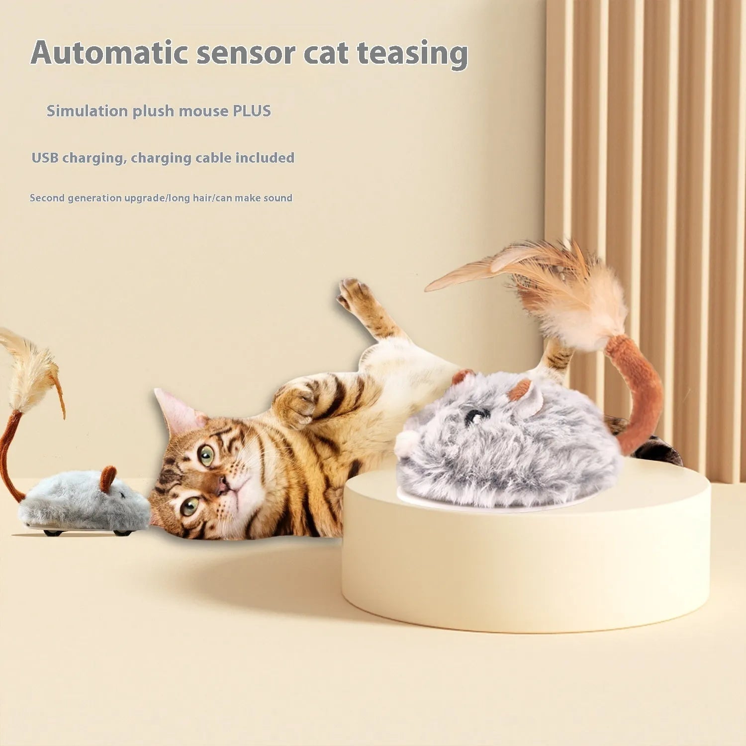 Electric self-hi cat toy with plush mouse on a pole, in pink, grey, or purple.