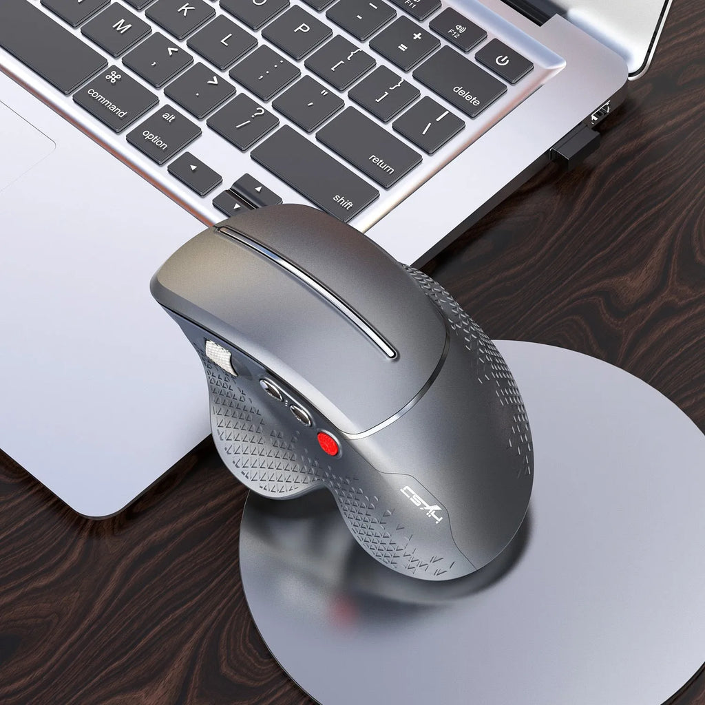 Black T32 wireless vertical ergonomic mouse with aluminium side roller on a desk
