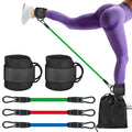 Set of three TPE resistance bands (10lb, 20lb, 30lb) with ankle buckles and foot loops for leg exercises.