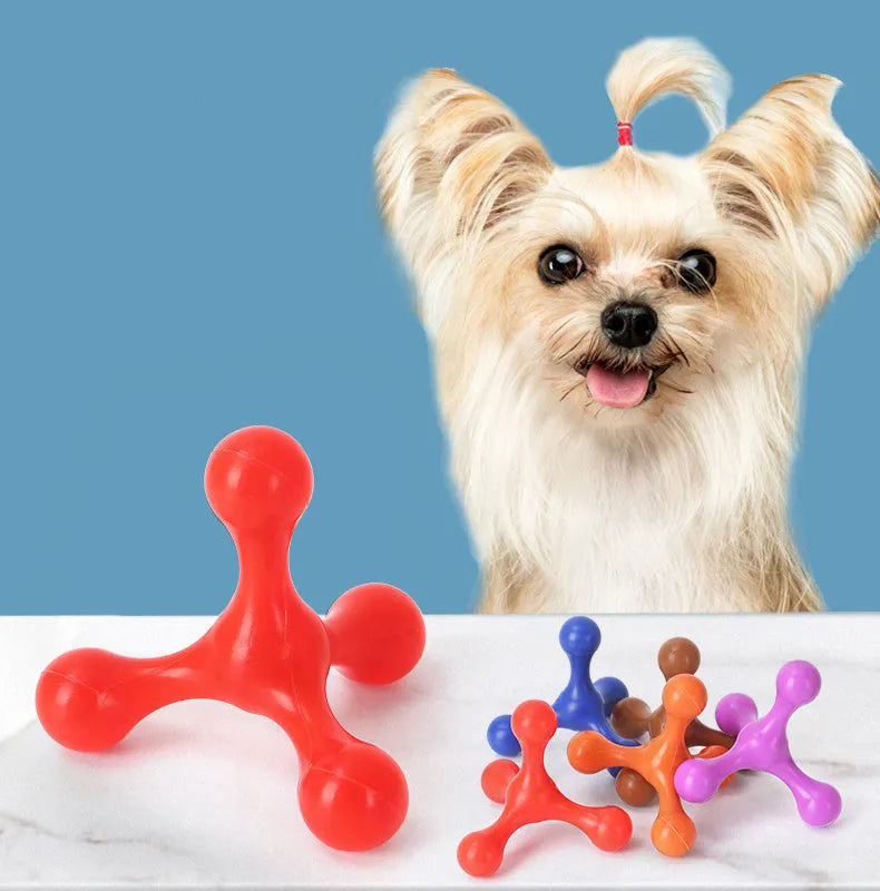 Blue three-legged silicone bone chew toy for small and medium puppies on white background