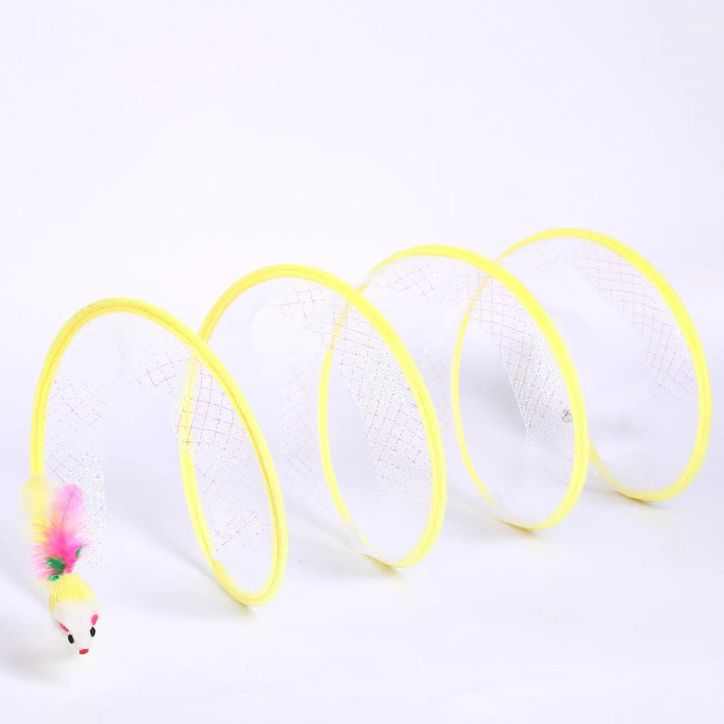 S-type collapsible cat tunnel toy with feather attachments on a steel wire and elastic net frame.