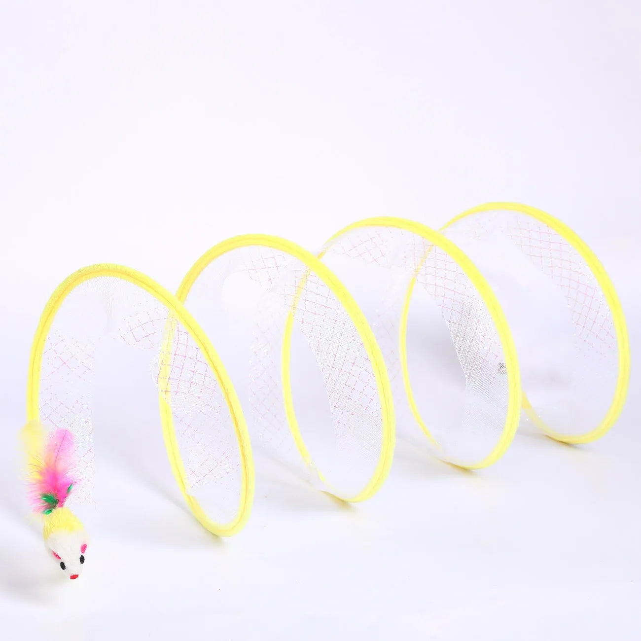 S-type collapsible cat tunnel toy with feather attachments on a steel wire and elastic net frame.