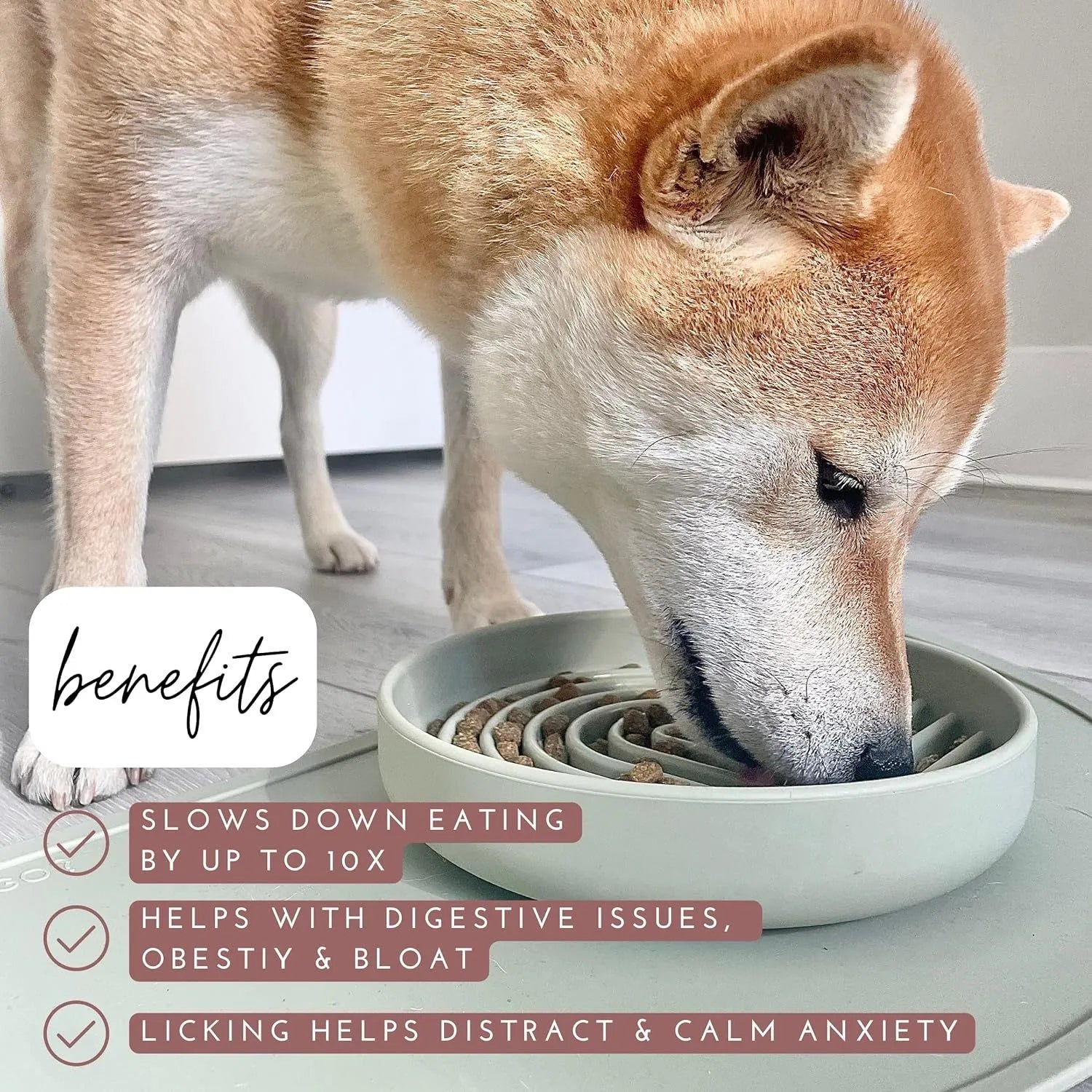 Silicone slow feeder dog bowl with textured ridges and nooks for slow eating, shown in assorted colours.
