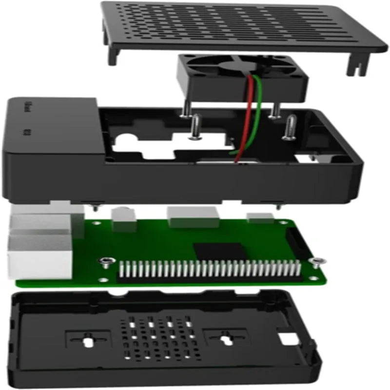 Black ABS plastic protective case for Raspberry Pi 4 with fan support and ventilation slots