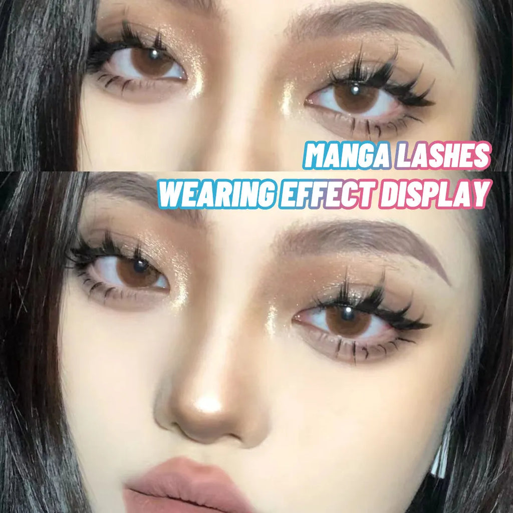 Pack of anime-style false eyelashes showing three wispy, natural slim length designs for cosplay and Korean makeup.