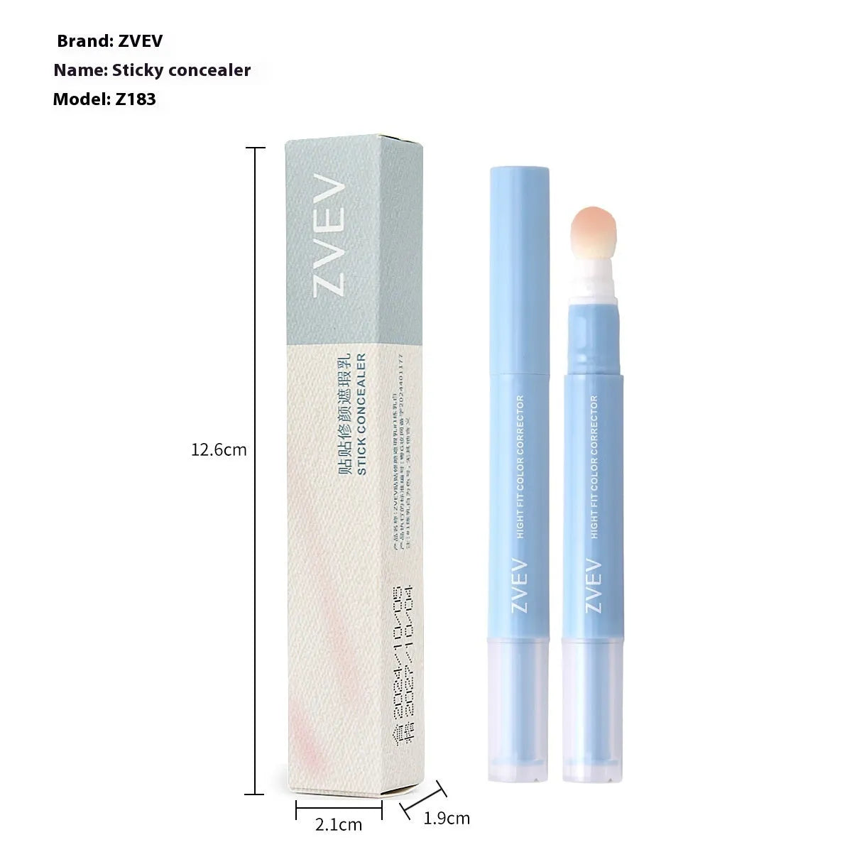 Concealer pen with sponge brush head applicator showing brightening, pink flesh, and flesh colour shades.
