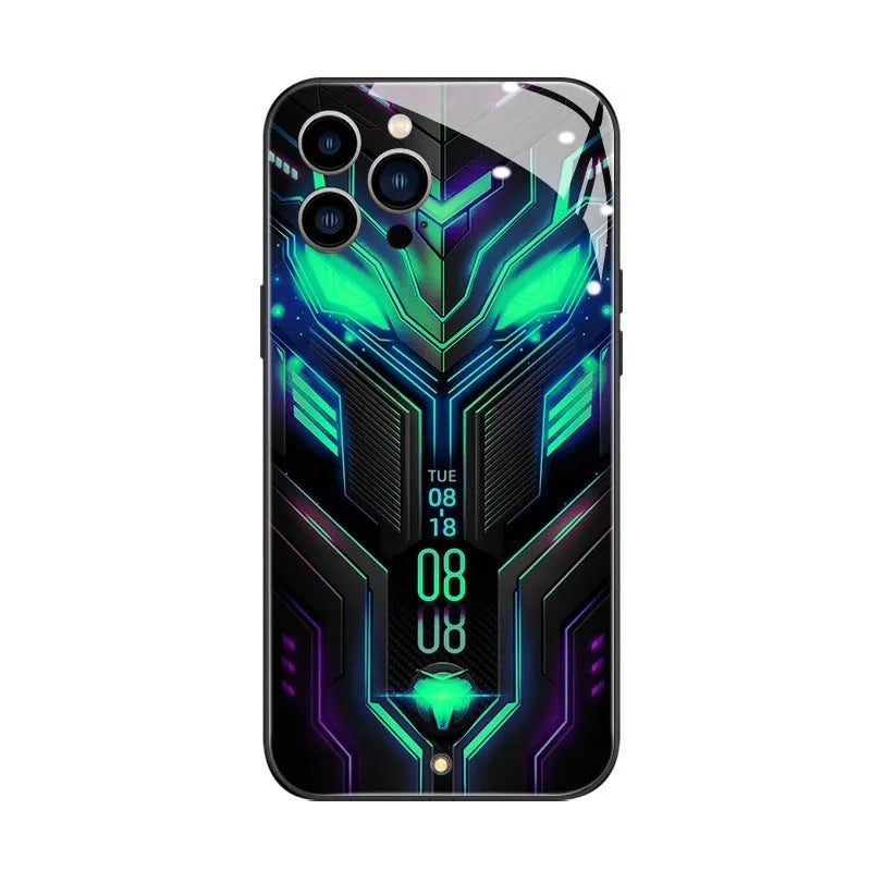 Racing car creative style glass phone case for Apple iPhone 15 in green with shockproof and anti-fingerprint protection