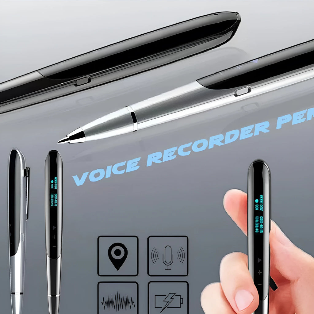 Black lossless recording pen with OLED display screen showing recording information