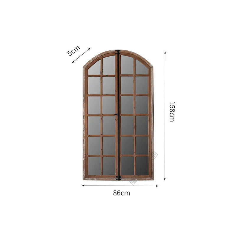 Terrace style distressed wooden frame wall mirror with log colour finish and glass panels