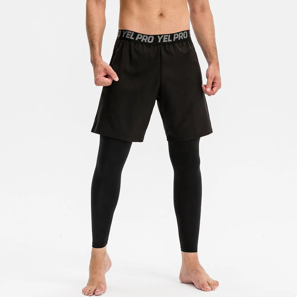 Man wearing grey high elastic tight pants for fitness training.