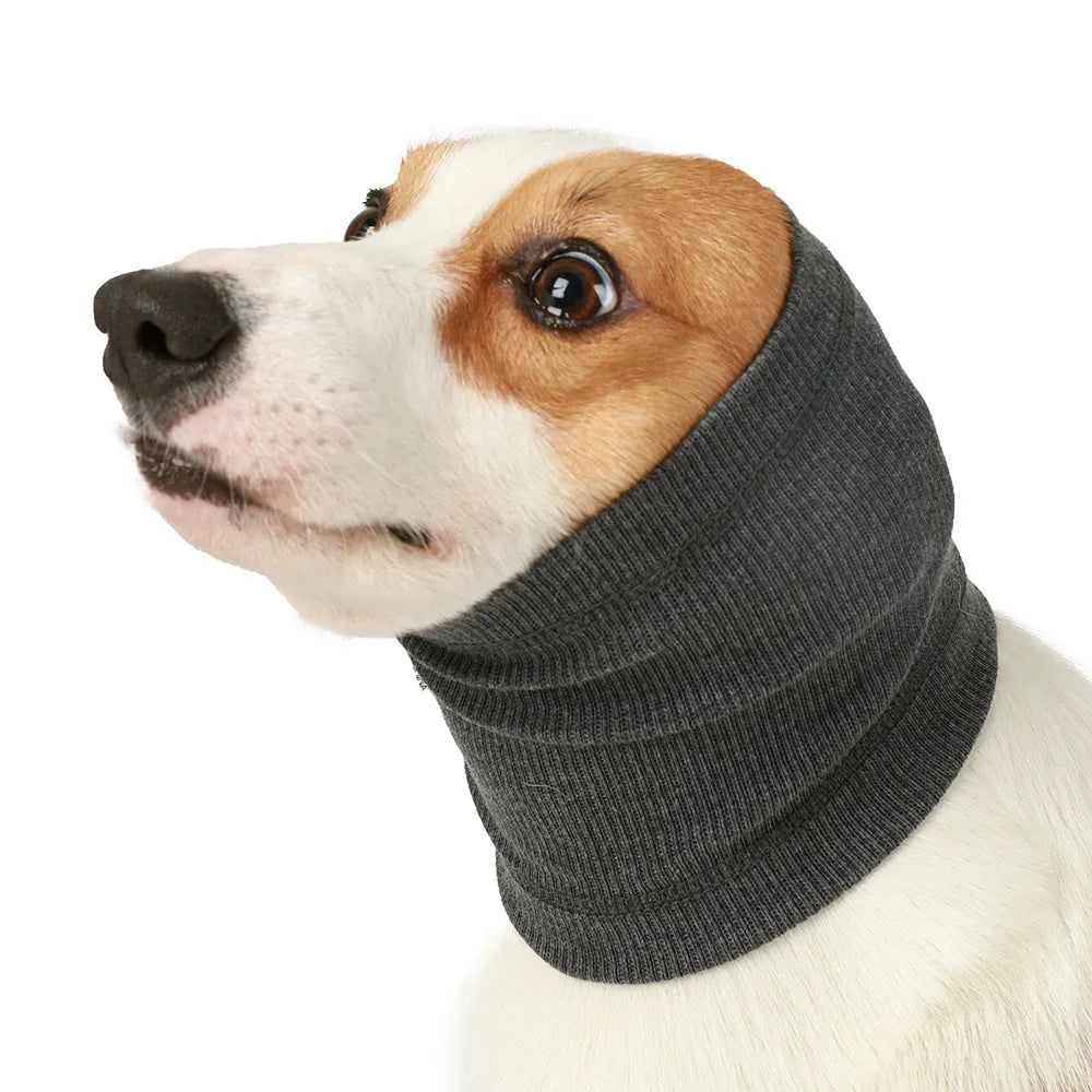 Blue and grey polyester dog head cover in three sizes for canine head protection