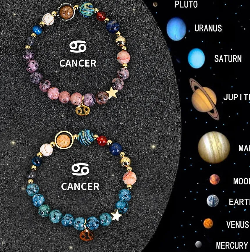 Two natural stone beaded bracelets for zodiac signs laid flat, showing varied bead colours and styles.