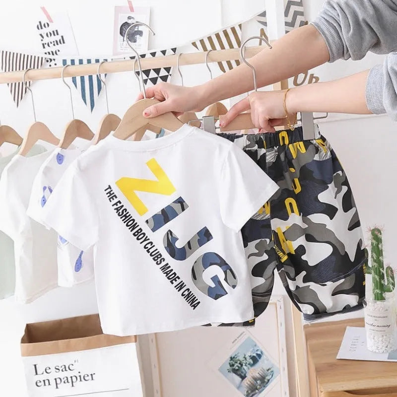 Cotton camouflage children's summer suit in white for boys and girls, sizes 90-140cm