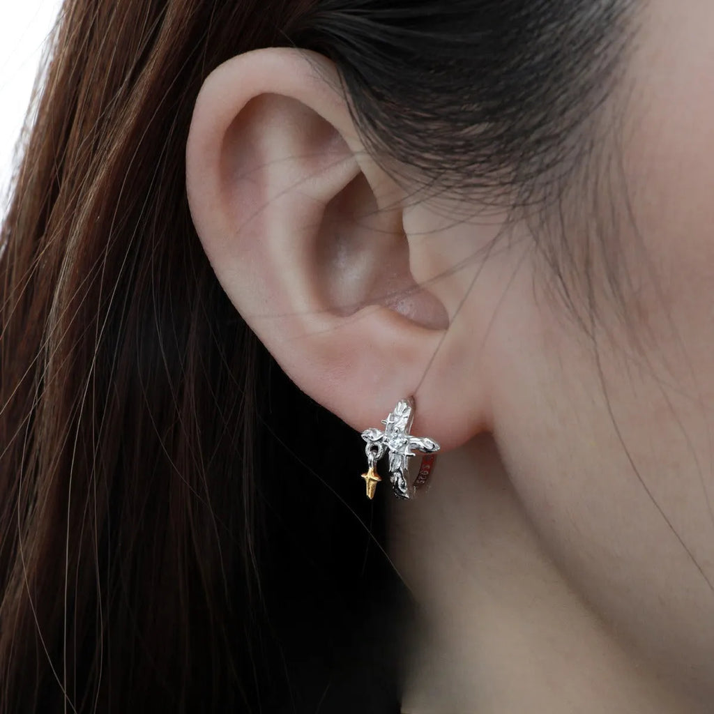 925 silver cross earrings with electroplated white gold finish and geometric round design