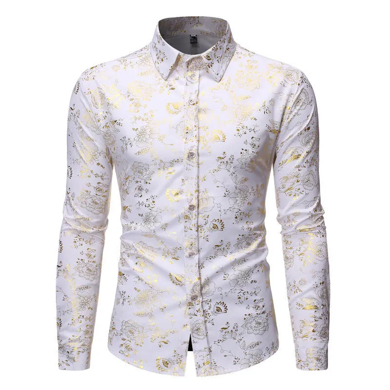 Men's long sleeve lapel shirt with metal bronzing digital print in Wine Red, black, blue, or white