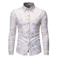 Men's long sleeve lapel shirt with metal bronzing digital print in Wine Red, black, blue, or white