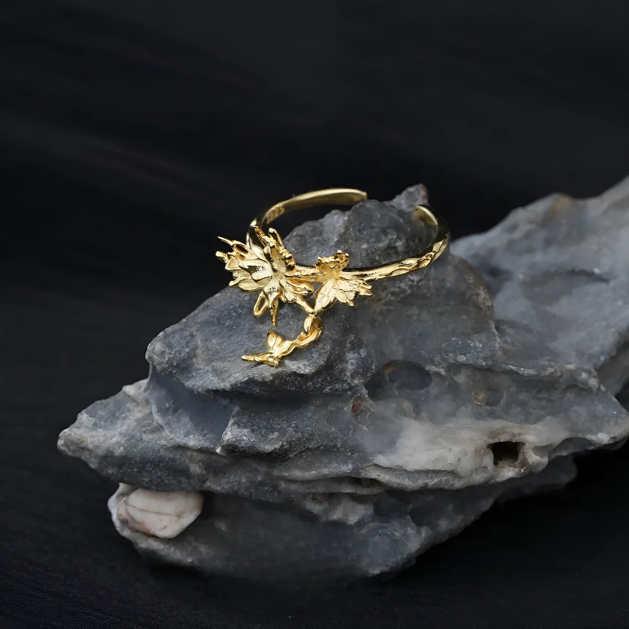 Adjustable silver ring with detailed butterfly design in white gold or 18K gold finish