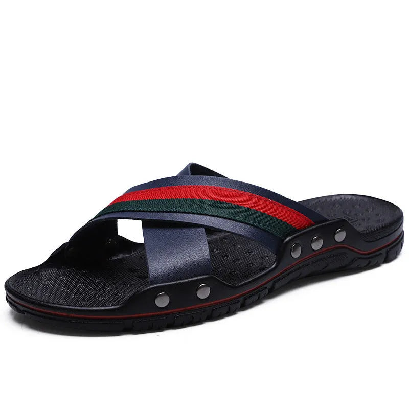 Men's white cowhide and PU flip-flop sandals on a plain background showing size options.