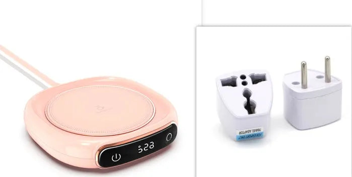 USB coffee mug warmer coaster in white on a desk, with a mug of coffee on top, 130x110x23mm, 10W constant temperature heating pad