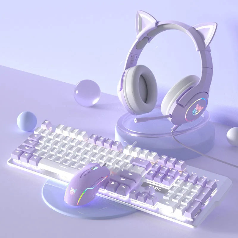 Purple and white mechanical keyboard and wired mouse set with backlit keys on a desk.