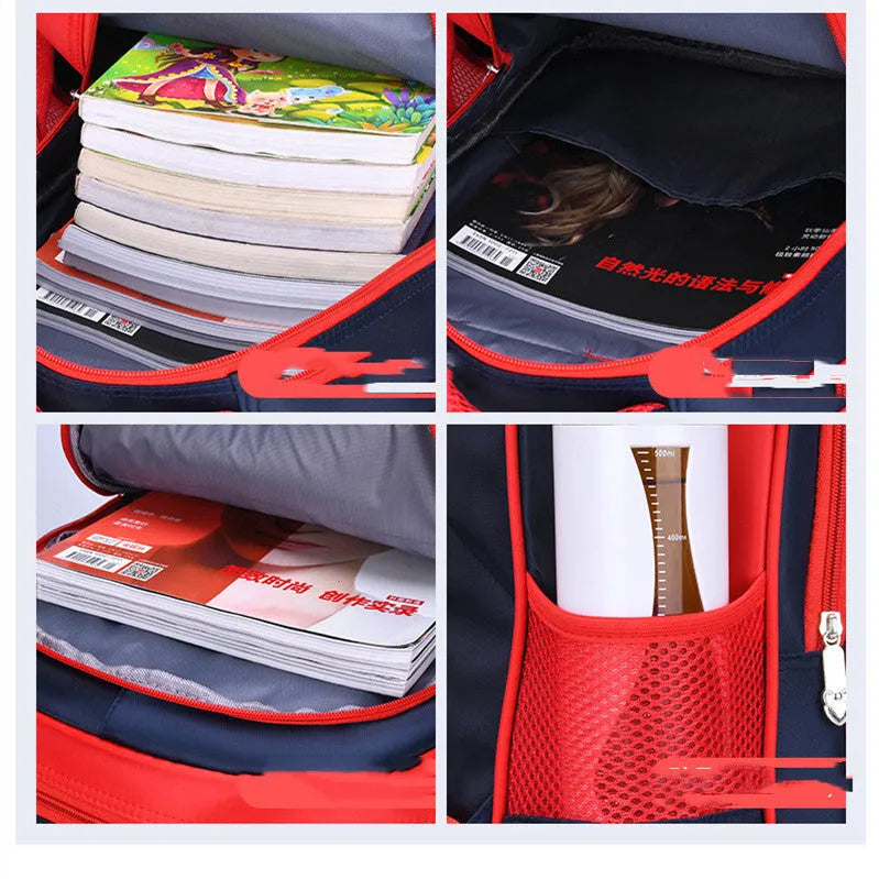 Children's sapphire blue backpack with anime cartoon prints showing dimensions and included pencil case