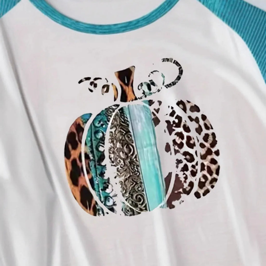 Sky blue long sleeve t-shirt with a detailed 3D printed Halloween pumpkin design on the front.