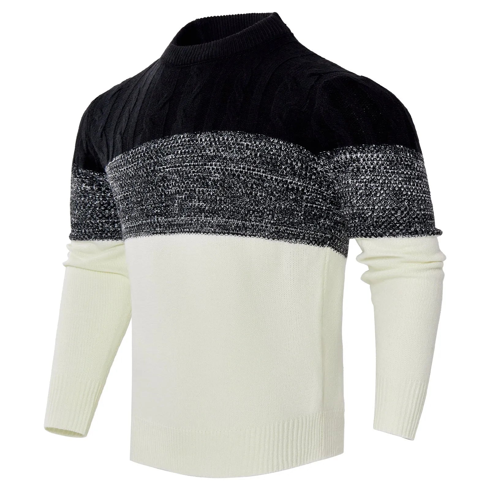 Men's grey cable-knit long sleeve pullover sweater on a hanger