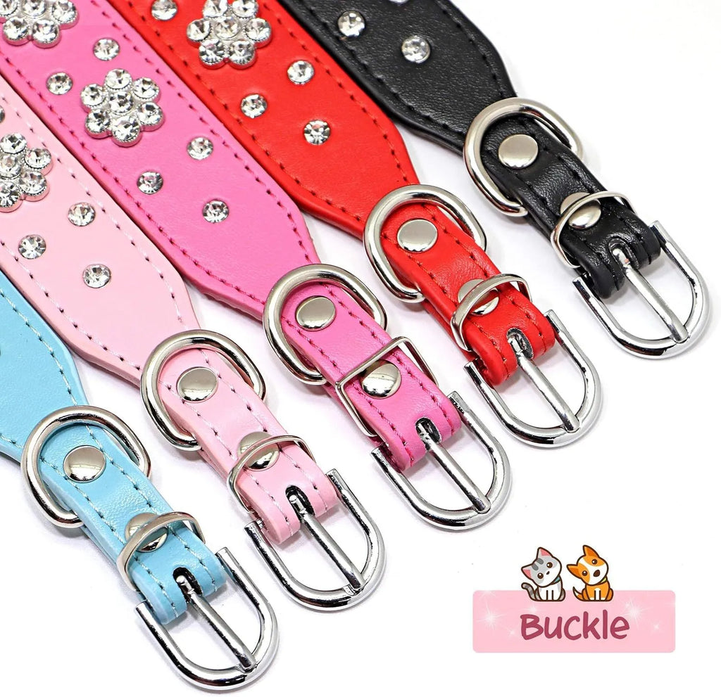 PU leather dog collar with rhinestone flower studs in black, showing metal D-ring and adjustable eyelets.
