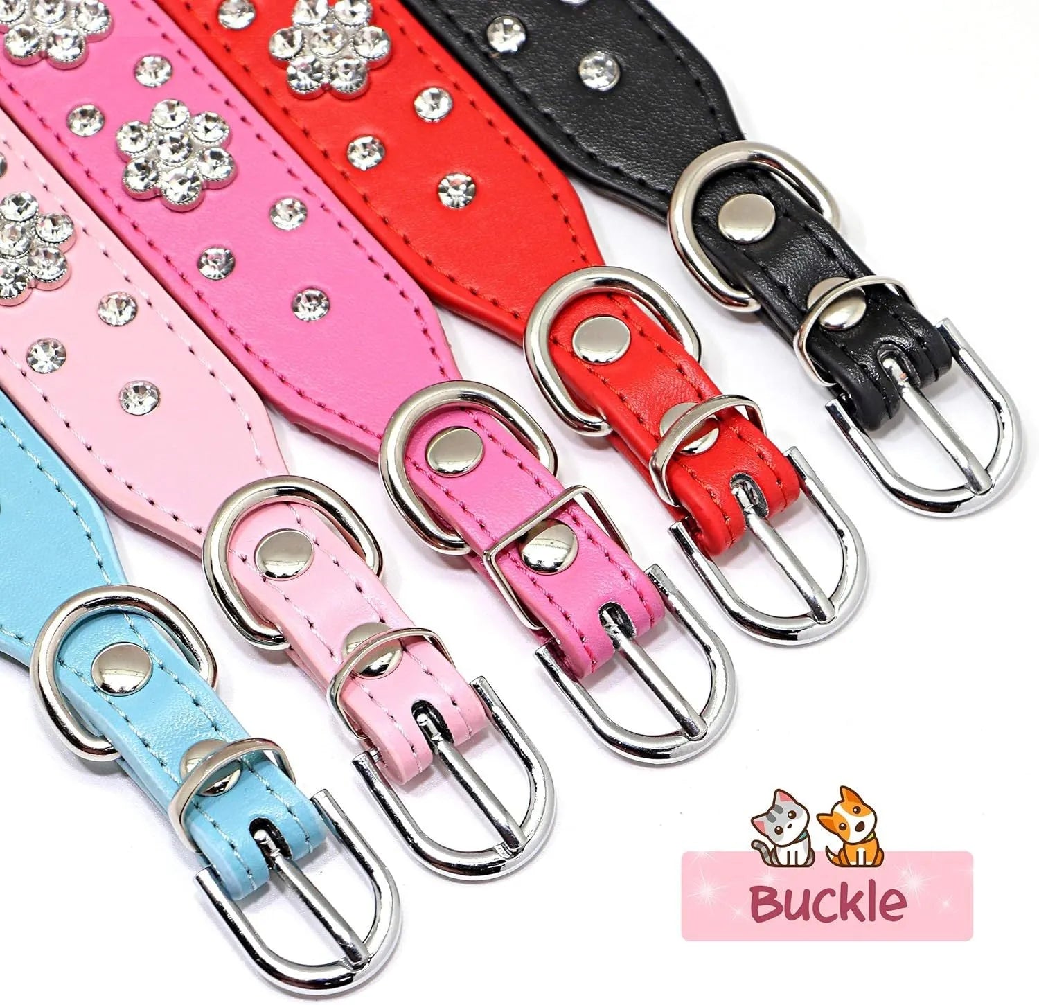 PU leather dog collar with rhinestone flower studs in black, showing metal D-ring and adjustable eyelets.
