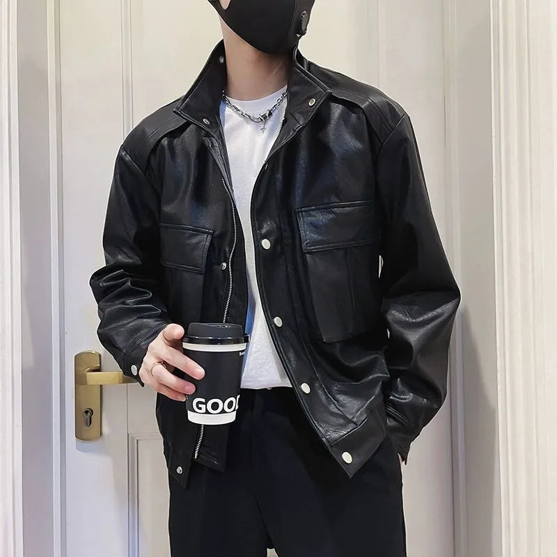 Men's black Korean style straight hem PU leather jacket for spring and autumn wear.