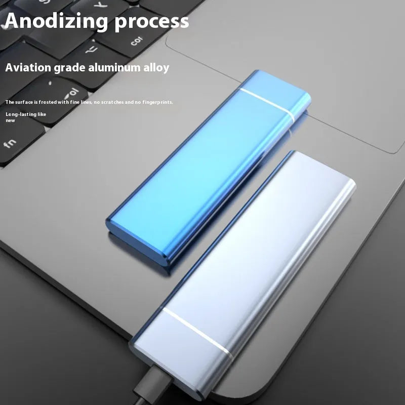 Sapphire blue portable solid state external hard disk with metal shell showing compact design