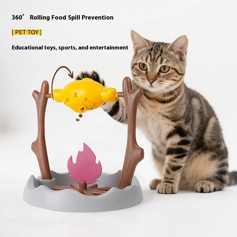 Barbecue-shaped tumbling cat feeder toy for interactive food dispensing play