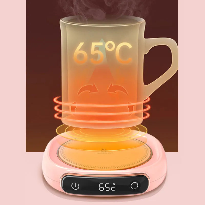 USB coffee mug warmer coaster in white on a desk, with a mug of coffee on top, 130x110x23mm, 10W constant temperature heating pad
