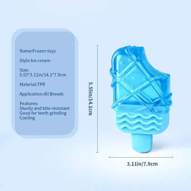 Set of three plastic dog chew toys: a blue pacifier, a red popsicle, and a green ring, designed to be filled with water and frozen.