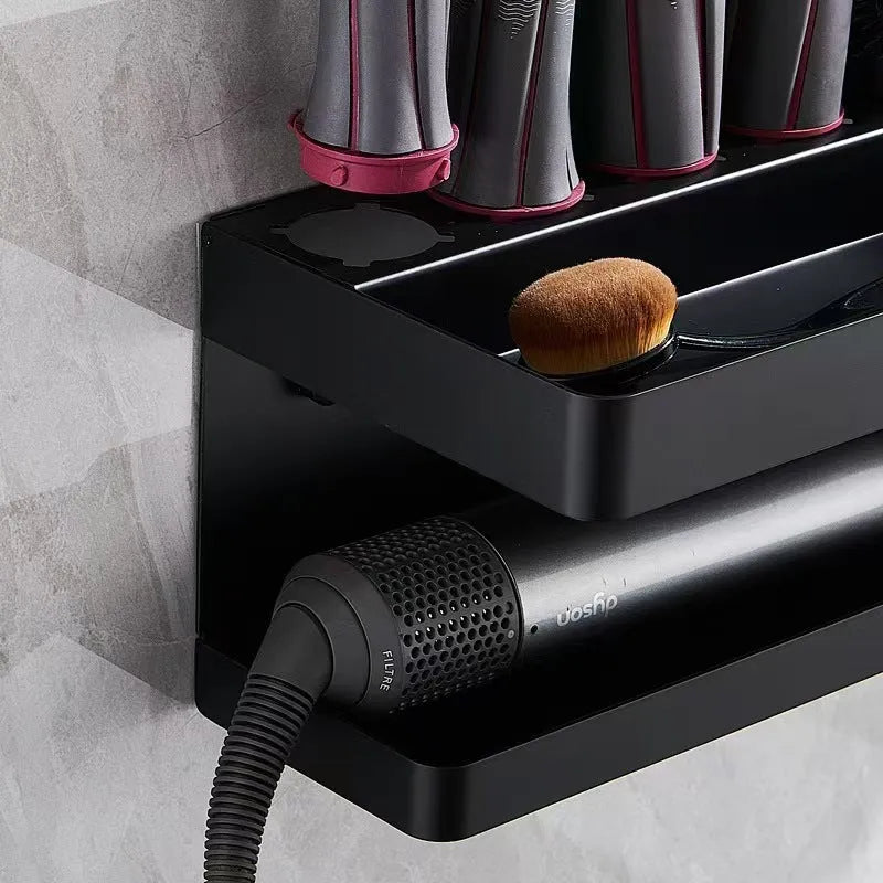 White aluminium double-layer bathroom storage rack holding hair curlers with adhesive wall mounting